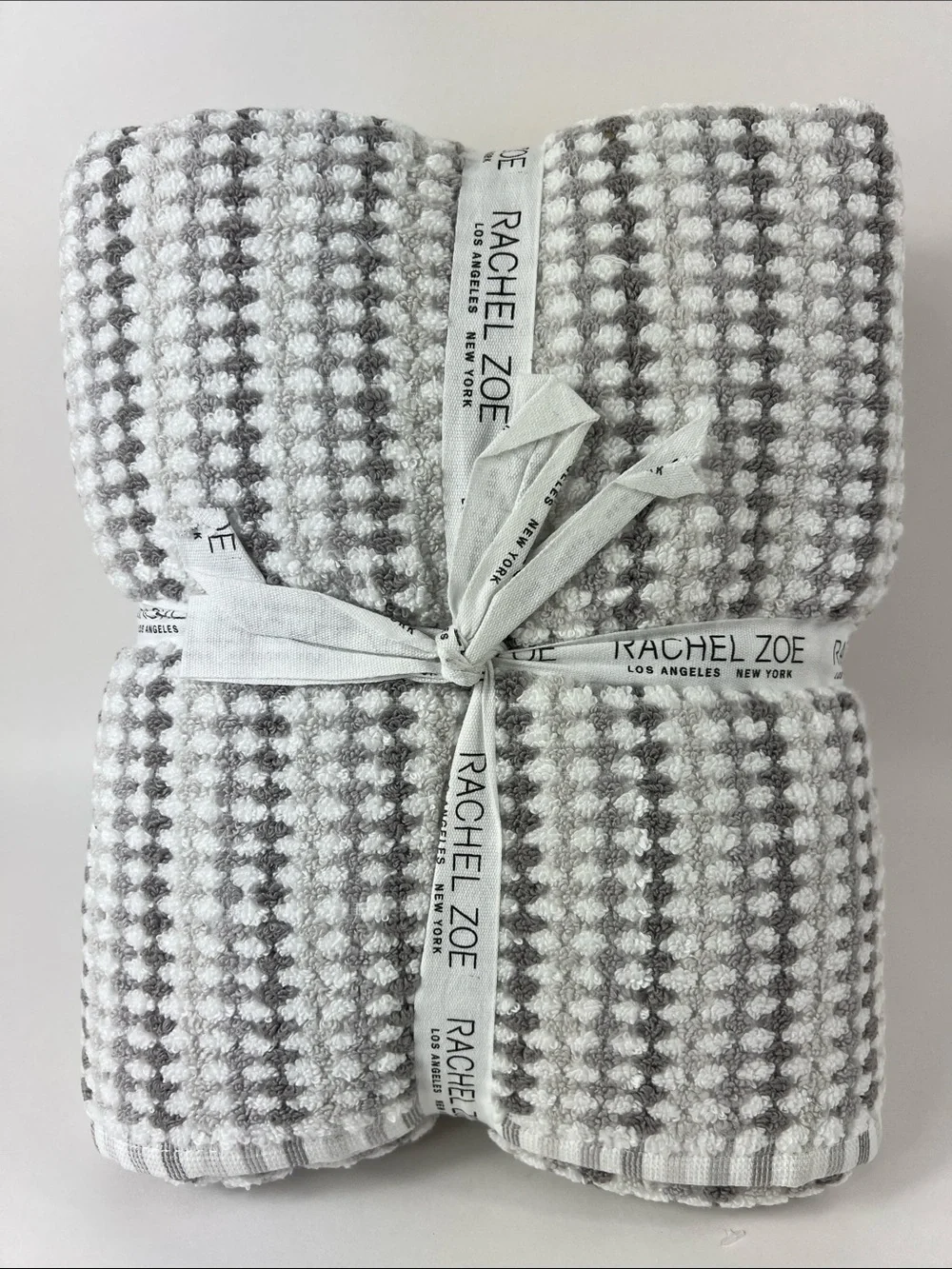 Rachel Zoe Towel Set Taupe Gray White Waffle Weave Soft 100% Cotton 6 Pc Set NEW